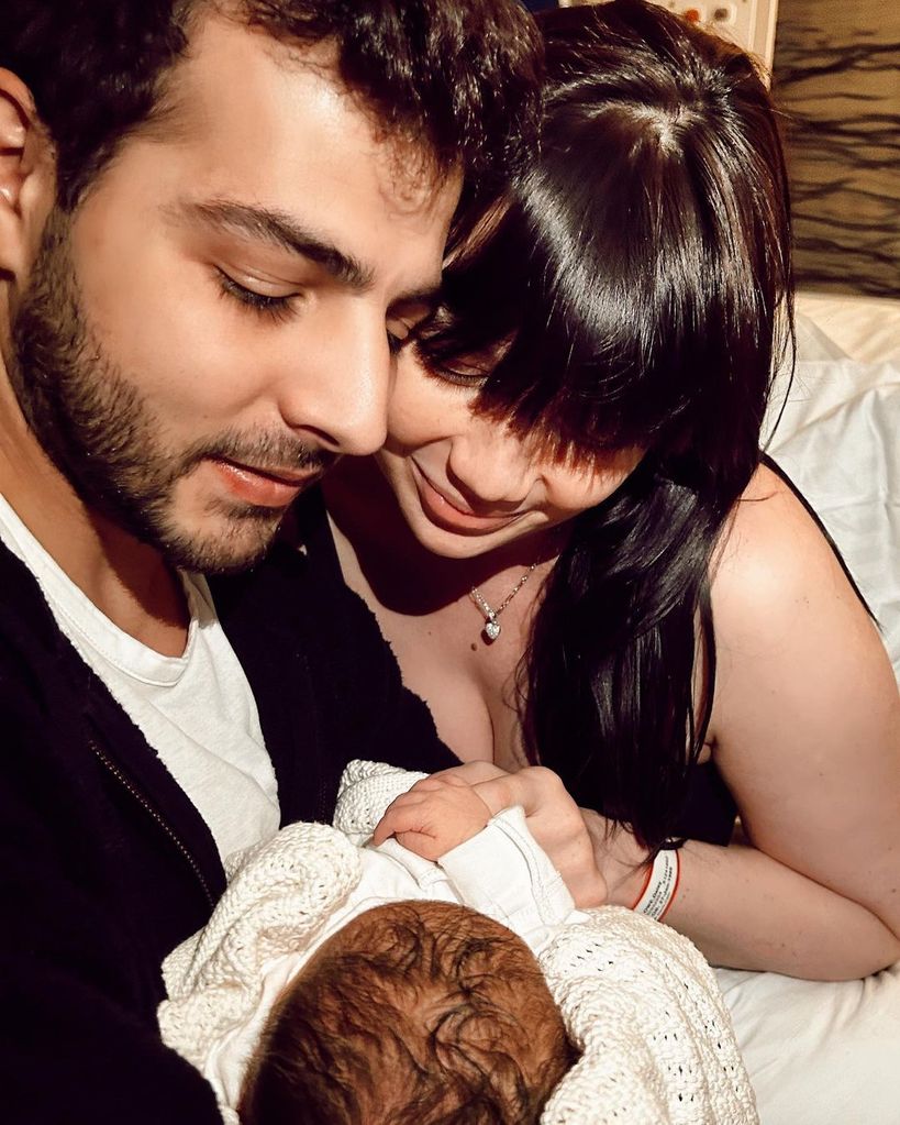 Daisy Lowe and fiancé Jordan Saul with their newborn