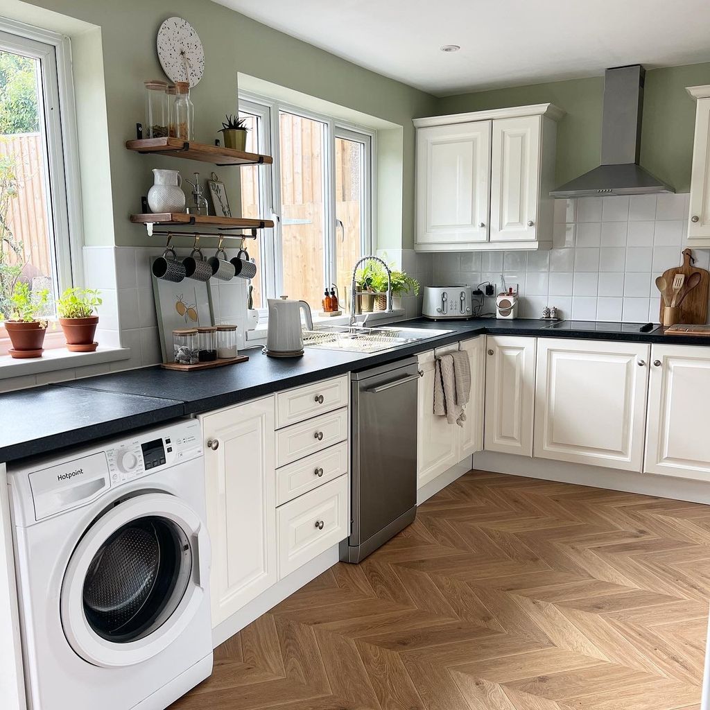 green kitchen wooden floor