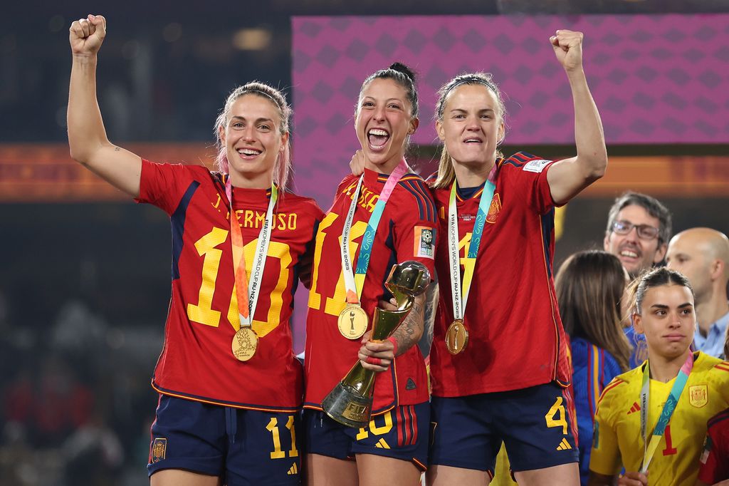 Alexia Putellas, Jennifer Hermoso and Irene Paredes of Spain celebrate at the FIFA Women's World Cup following their 1-0 victory against England on August 20, 2023 in Sydney, Australia