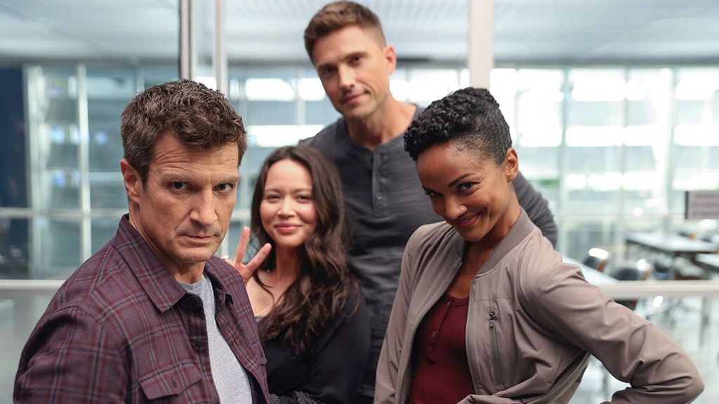 Nathan Fillion, Melissa O'Neil, Eric Winter and Mekia Cox on the set of The Rookie