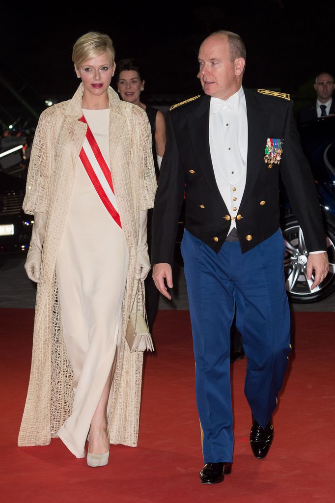Princess Charlene in ivory dress with albert 