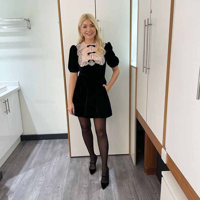 holly willoughby in a lace embellished velvet mini dress on this morning