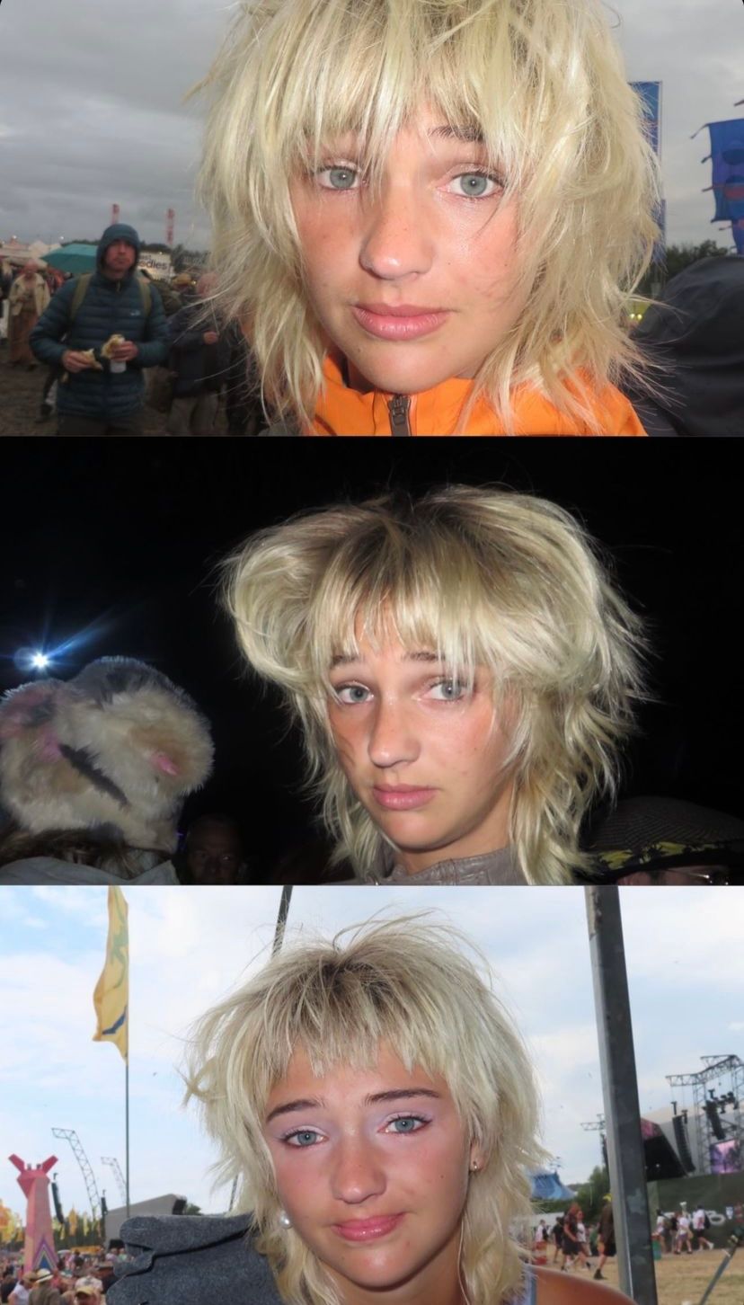 Three images spliced together of Mia Regan's wild, messy hairstyle 