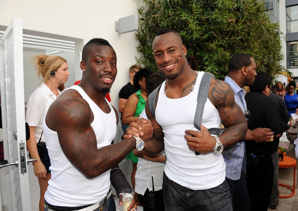 Vontae Davis and Vernon Davis attend the launch of New Tide Plus Febreze Freshness Sport at The Recreation Deck at The W South Beach on February 5, 2010 in Miami Beach, Florida