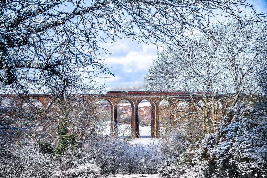 Photo of a train crossing a bridge in winter.