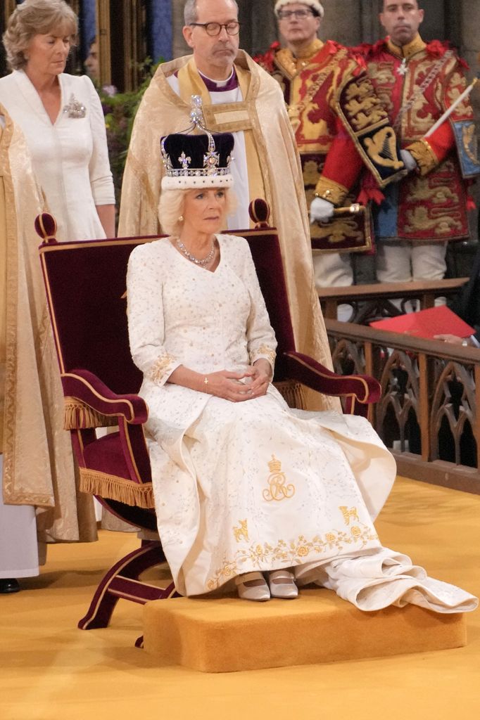 Queen Camilla is crowned with Queen Mary's Crown during her coronation ceremony