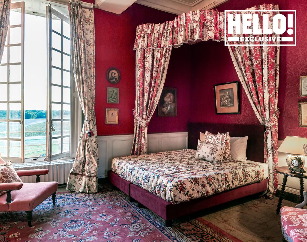 Count and Countess Lepic red bedroom with floral curtains and bedspread