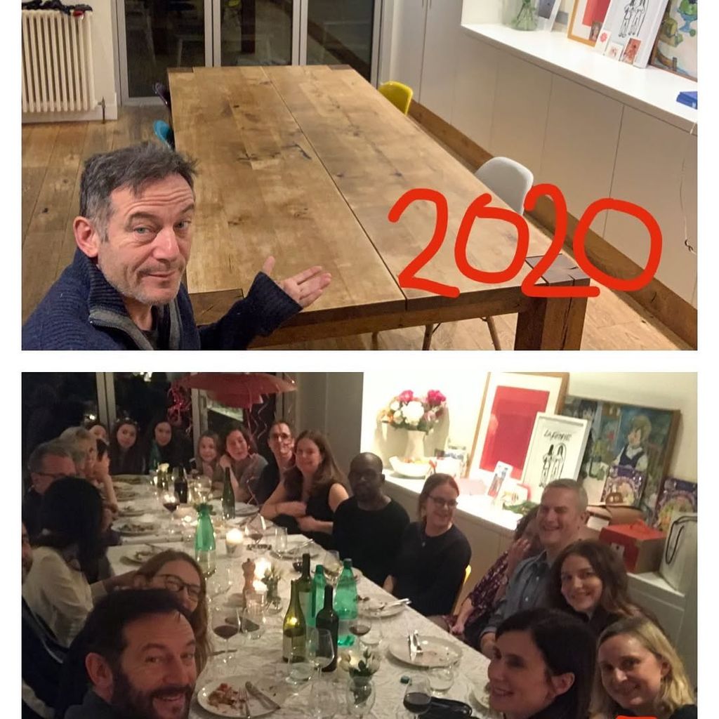 split image showing Jason Isaacs in his empty dining room and his dining room full of friends