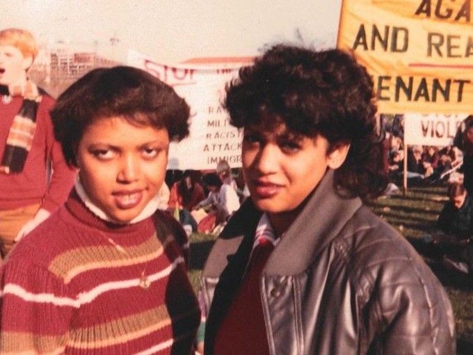 Kamala Harris (right) with a friend at a protest