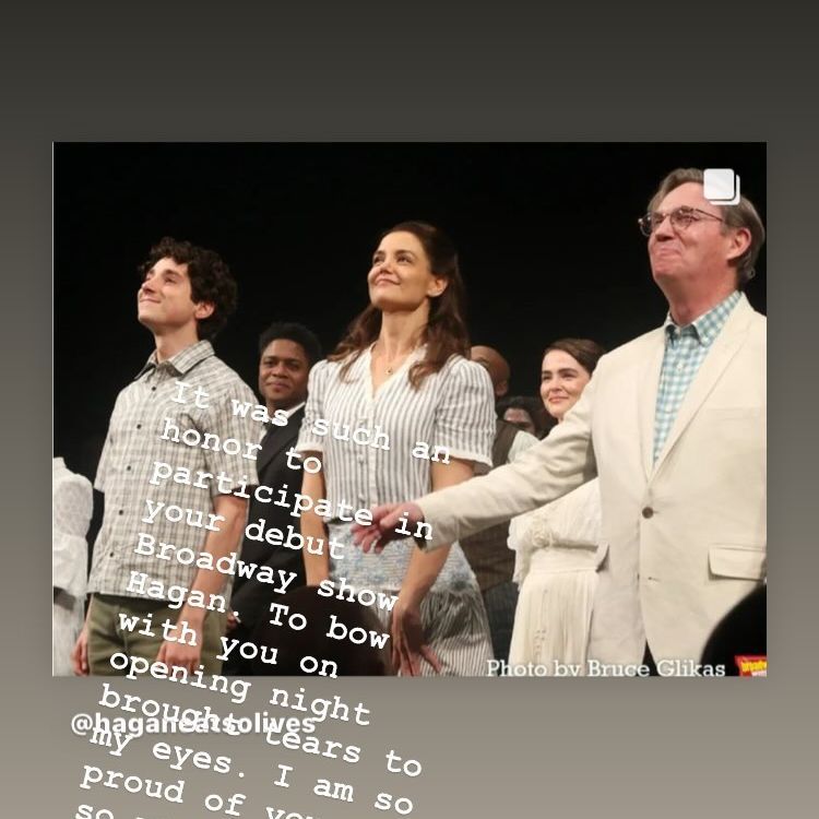 Katie Holmes shares a message to her "Our Town" co-star Hagan Oliveras after his Broadway debut, shared on Instagram Stories