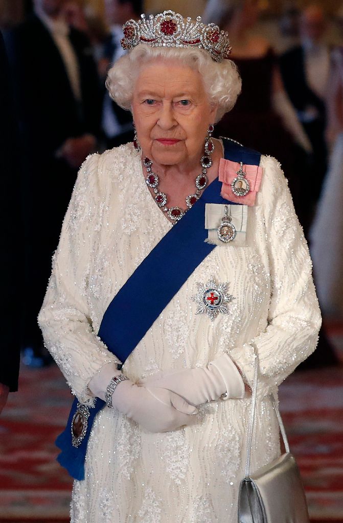 Queen Elizabeth II wearing the Burmese ruby tiara at US state banquet in 2019