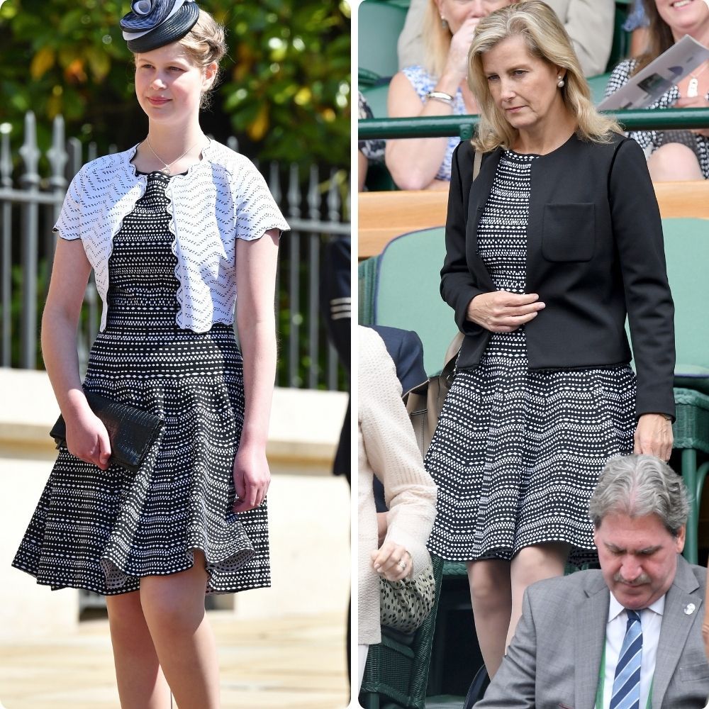 Lady Louise Windsor e a Duquesa Sophie usando vestidos pretos e brancos idênticos