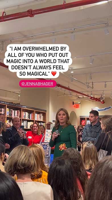 Jenna Bush Hager stood giving a speech to a book story full of people