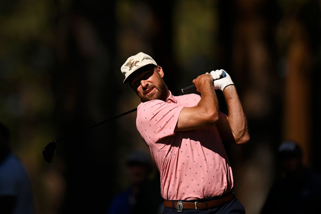 Travis Kelce plays his shot from the second tee box during the second round of the American Century Championship at Edgewood Tahoe Golf Course on July 12, 2025 in Stateline, Nevada