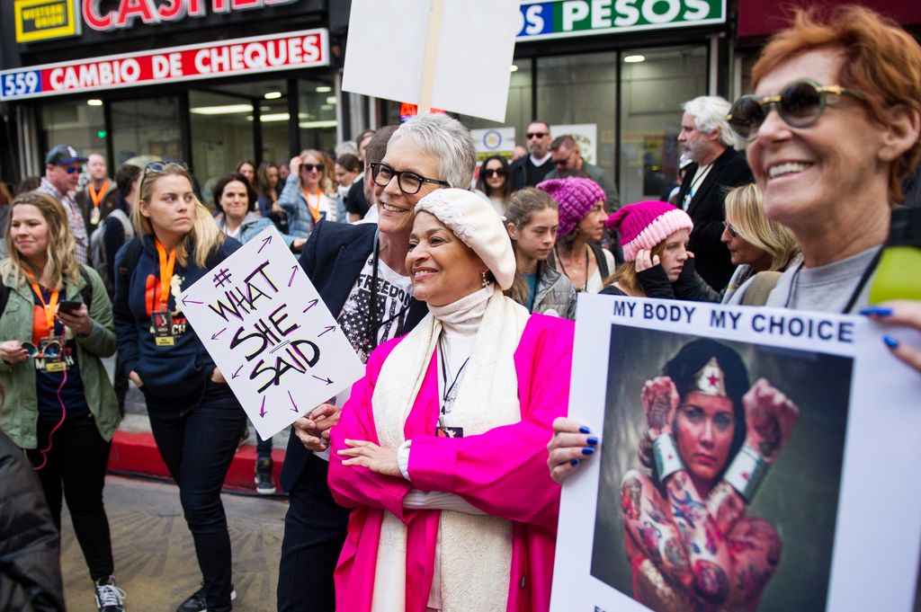 Jamie Lee Curtis (L) and Debbie Allen attend the women's march in Los Angeles on January 21, 2017