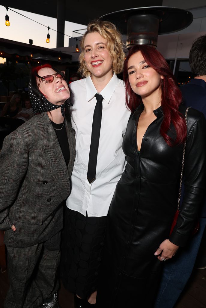 WEST HOLLYWOOD, CALIFORNIA - OCTOBER 27: (EXCLUSIVE COVERAGE) (L-R) Billie Eilish, Greta Gerwig and Dua Lipa attend the Cocktail Reception Celebrating Greta Gerwig as AFI Guest Artistic Director at Harriet's Rooftop on October 27, 2023 in West Hollywood, California. (Photo by Eric Charbonneau/Getty Images for Warner Bros.)