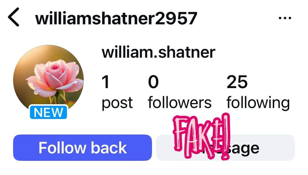 William Shatner shares a screenshot of a fake social media profile bearing his name on Instagram