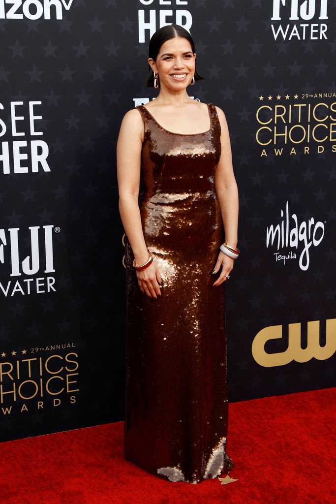 US actress America Ferrera arrives for the 29th Annual Critics Choice Awards at the Barker Hangar in Santa Monica, California on January 14, 2024. (Photo by Michael TRAN / AFP) (Photo by MICHAEL TRAN/AFP via Getty Images)