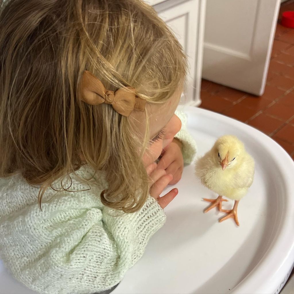 Romy Johnson with a baby chick 