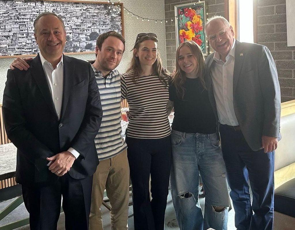 Doug, Cole and Greenley Emhoff join Tim and Hope Walz for breakfast in a photo shared on Instagram