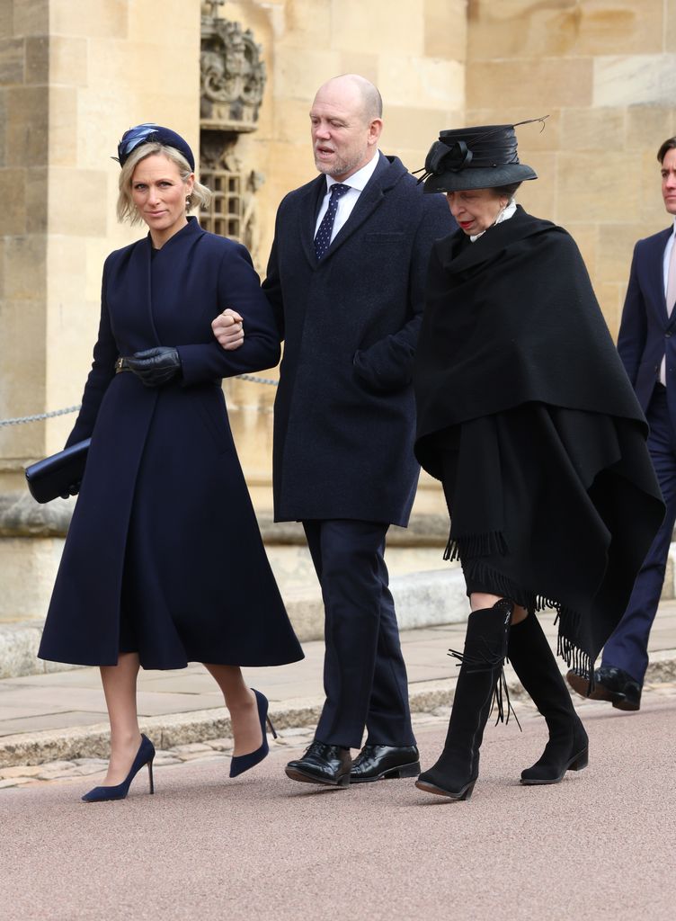 Zara Tindall arriving at church alongside her husband Mike Tindall and mother Princess Anne