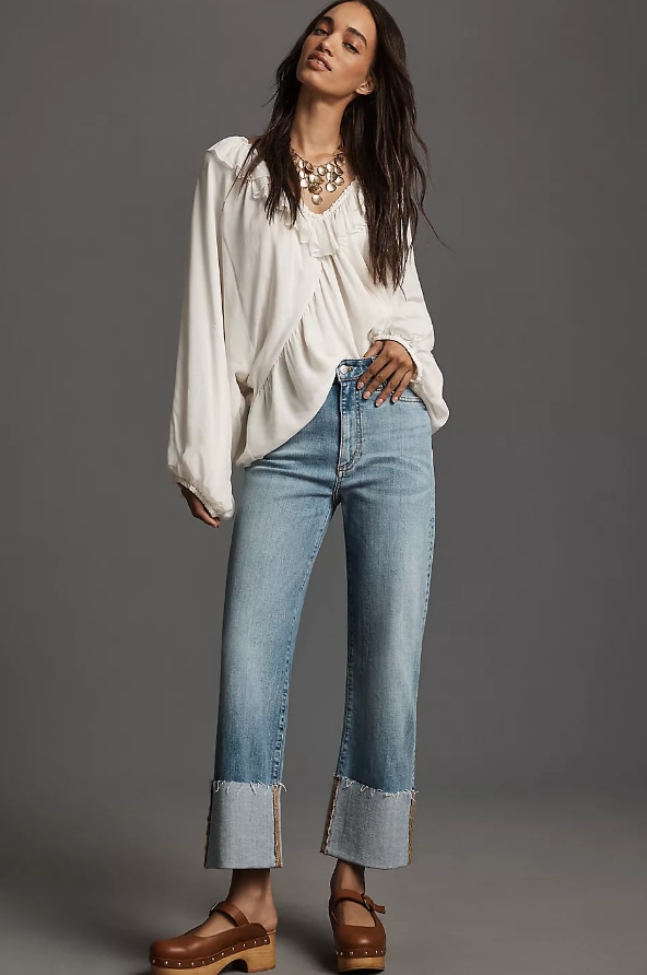 Pilcro Scotty Cuffed High-Rise Straight-Leg Jeans.