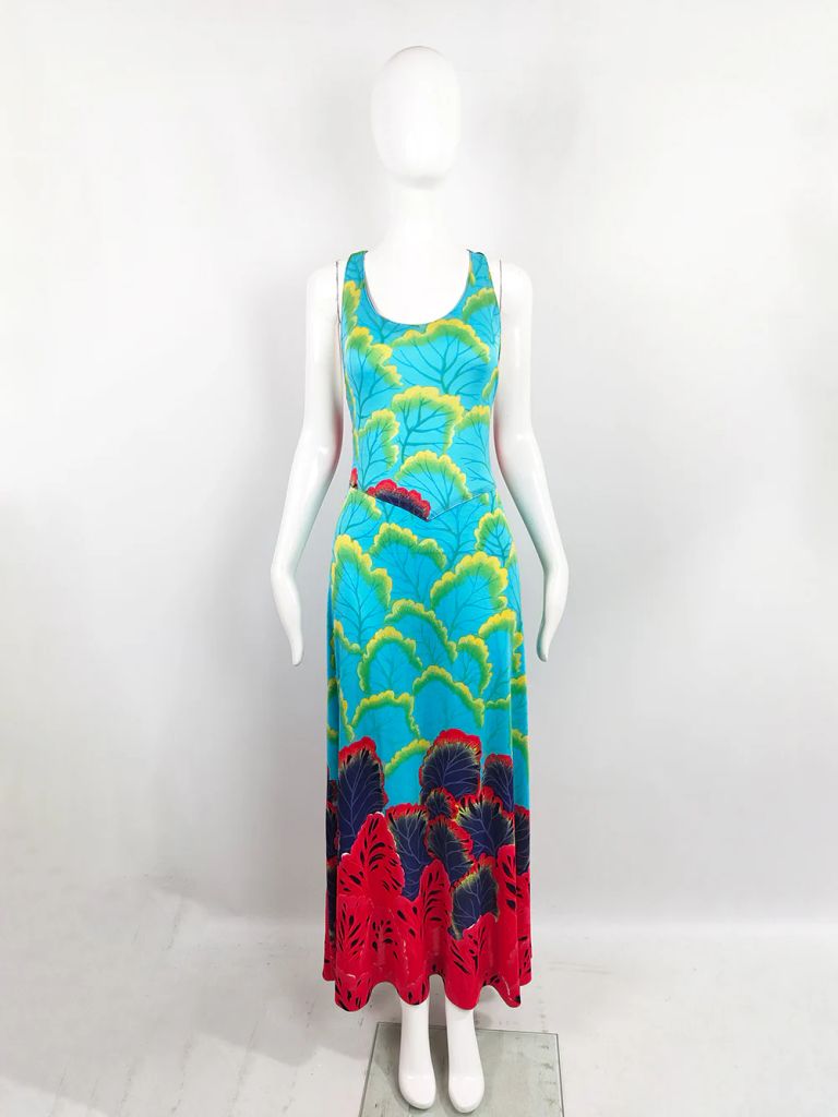 1970s Vintage Mac Tac Paris Turquoise Racer Back Jersey Maxi Dress
