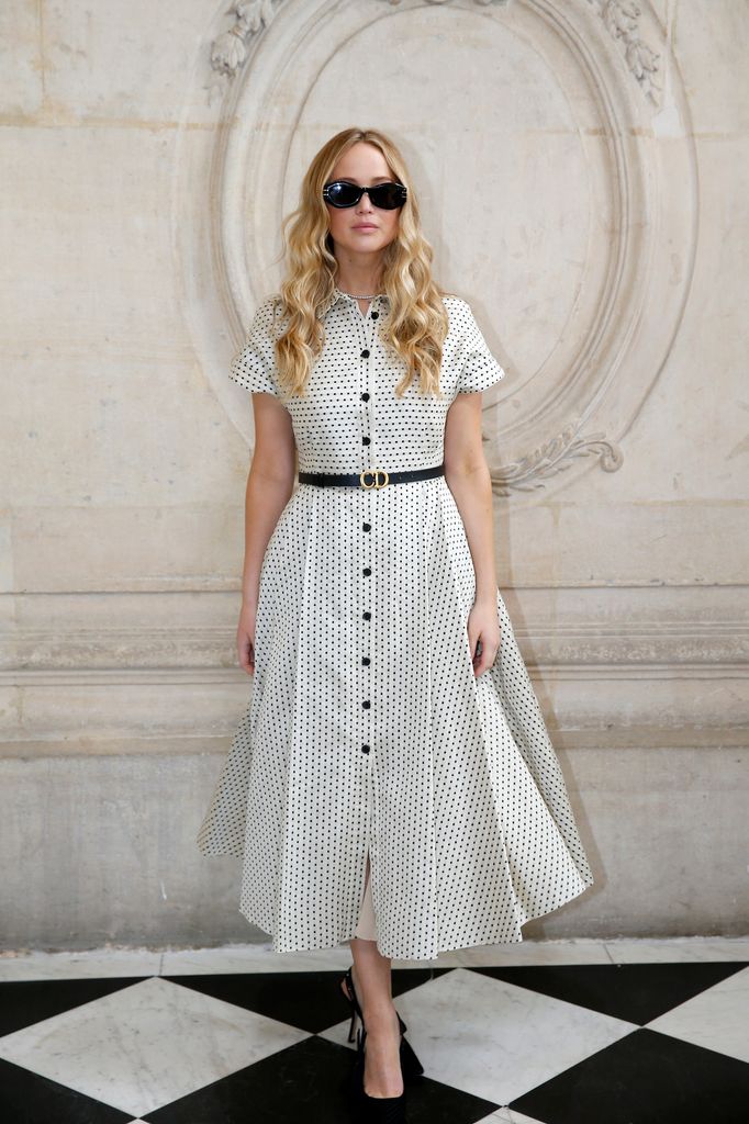 Jennifer Lawrence at the Christian Dior Haute Couture Fall/Winter 2021/2022 show  as part of Paris Fashion Week on July 05, 2021 in Paris, France. (Photo by Thierry Chesnot/Getty Images)