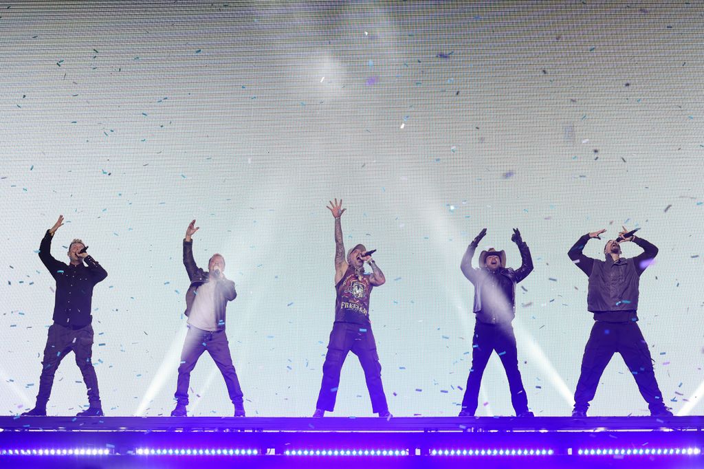 Nick Carter, Brian Littrell, AJ McLean, Howie Dorough and Kevin Richardson of Backstreet Boys perform at the Palomino Stage during the 2025 Stagecoach Festival on April 27, 2025 