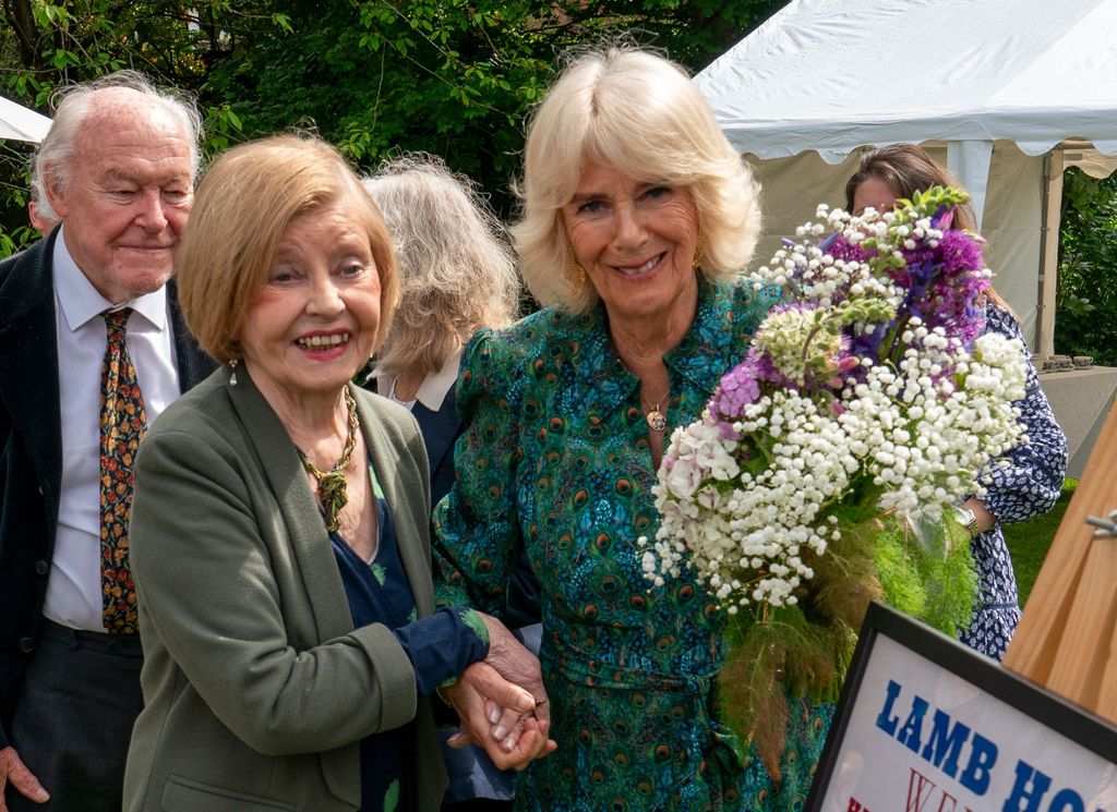 Timothy West, Prunella Scales and Queen Camilla at a garden party