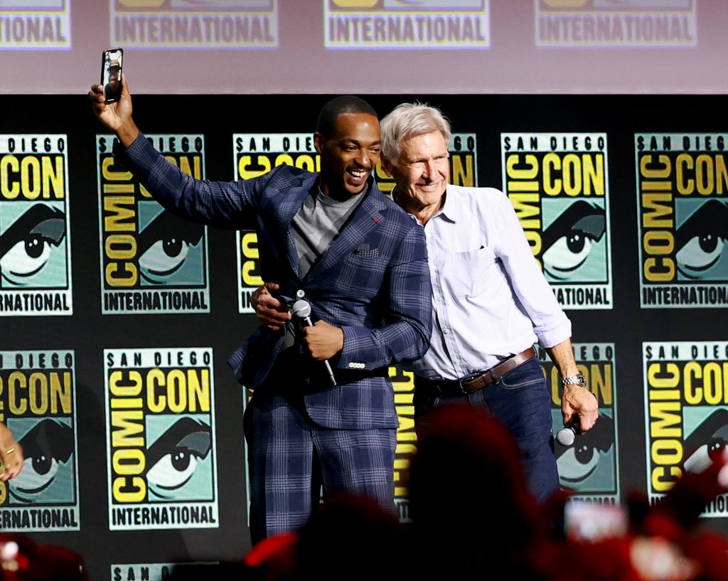 Anthony Mackie and Harrison Ford speak onstage at the Marvel Studios Panel during 2024 Comic-Con International at San Diego Convention Center on July 27, 2024 in San Diego, California.