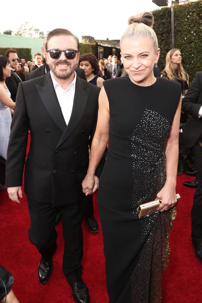 Host Ricky Gervais and Jane Fallon arrive to the 77th Annual Golden Globe Awards held at the Beverly Hilton Hotel on January 5, 2020.