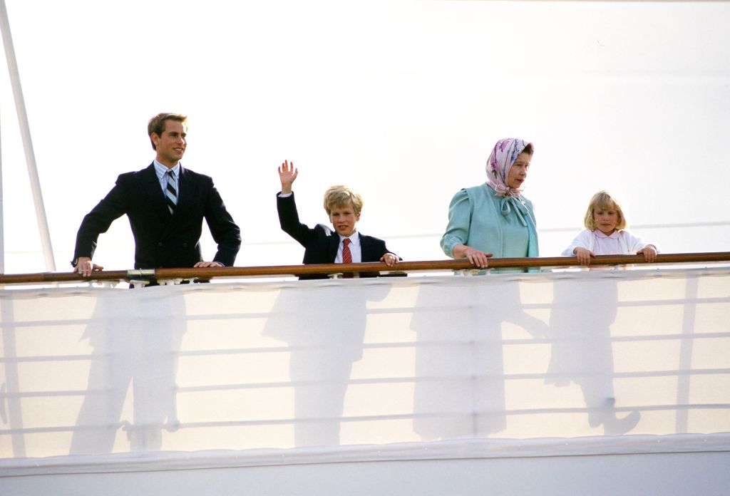 The Queen with Prince Edward and her grandchildren Zara Phillips and Peter Phillips on board the Royal Yacht Britannia  