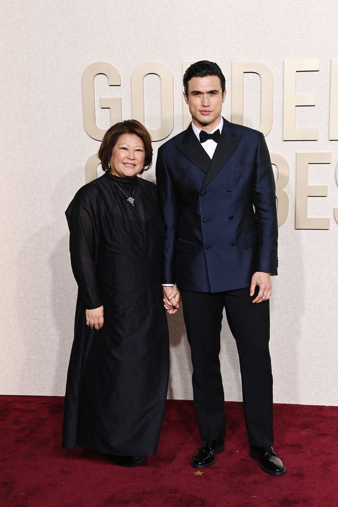 Sukyong Melton and Charles Melton attend the 81st Annual Golden Globe Awards at The Beverly Hilton on January 07, 2024 in Beverly Hills, California
