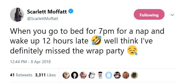 scarlett moffatt misses saturday night takeawya wrap party twitter