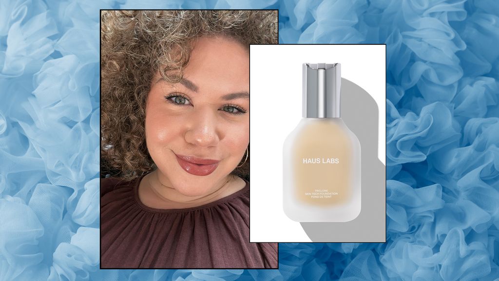 Split screen of a woman and foundation