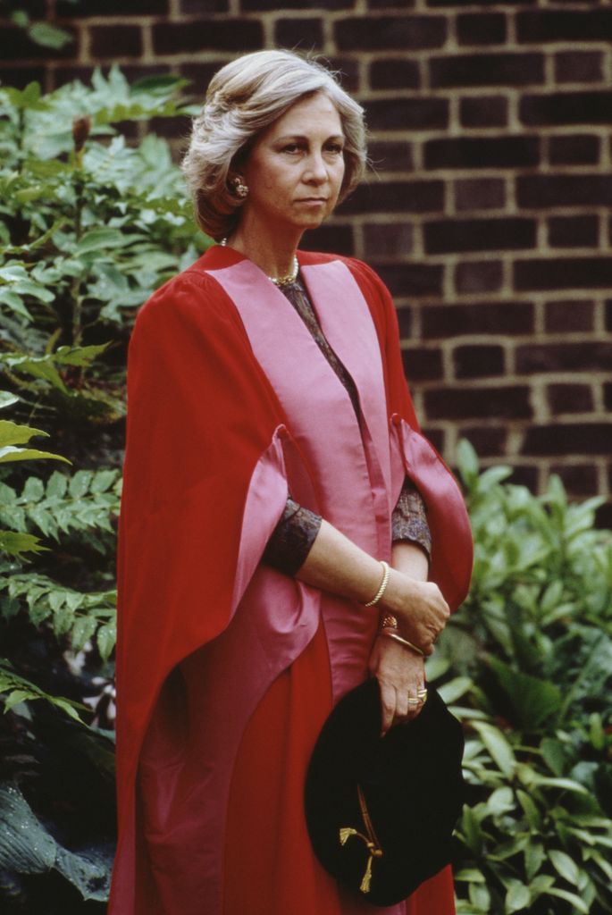 Queen Sofia of Spain receives an honorary doctorate at Cambridge University in 1988