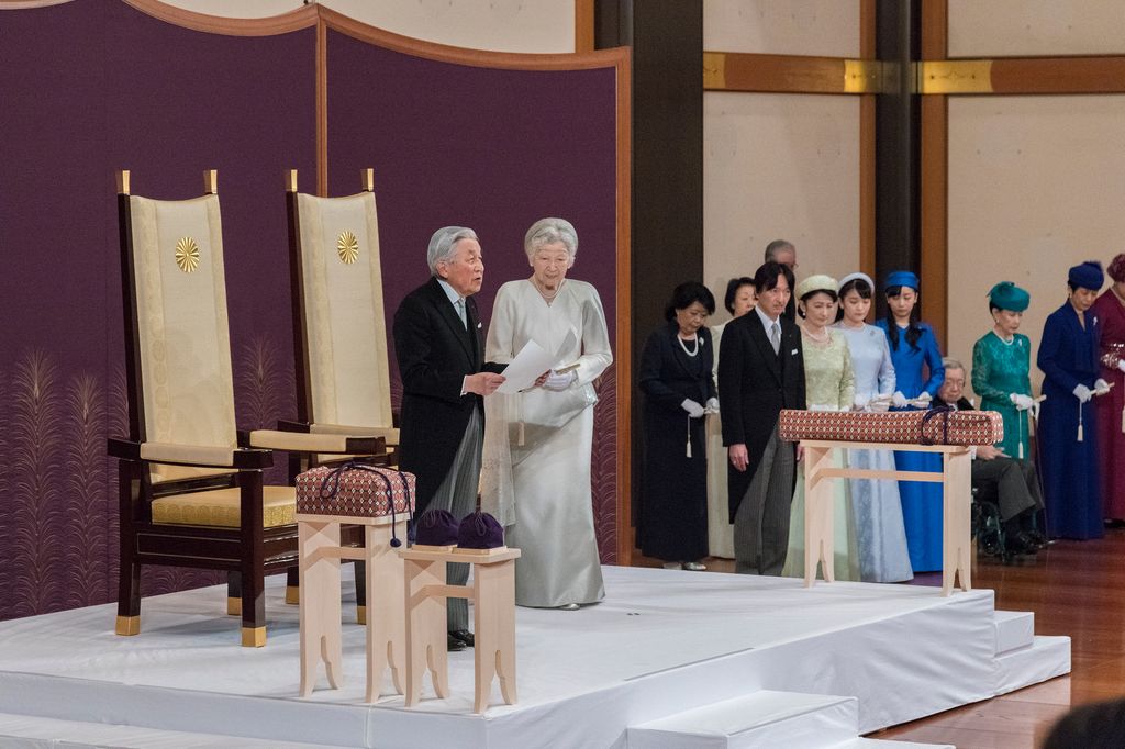 Emperor Akihito delivering a speech as he abdicates the throne