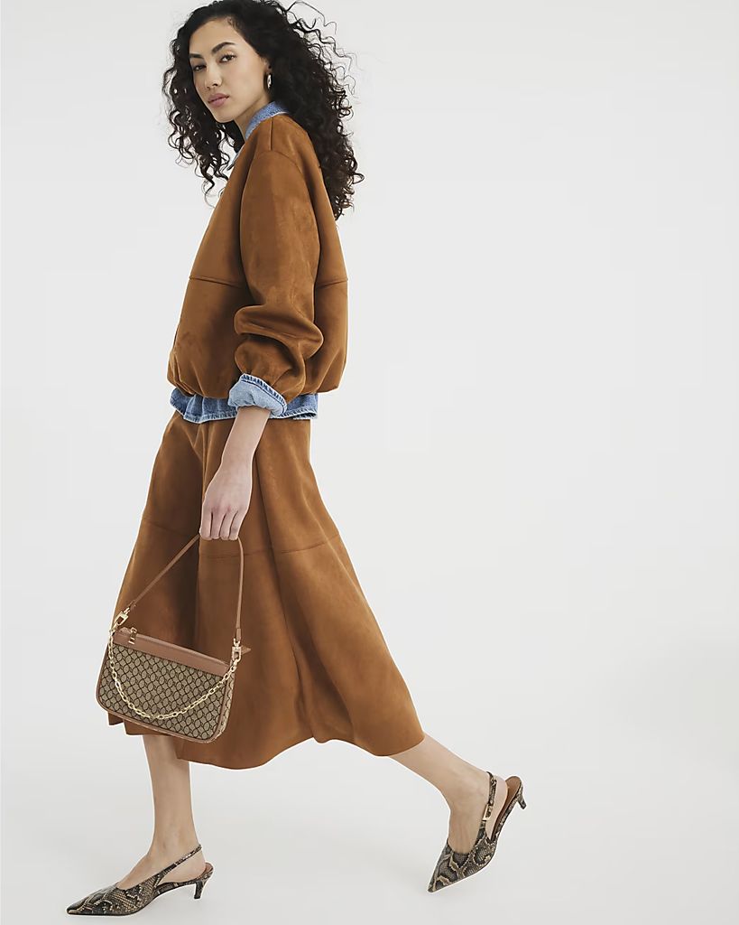 River Island Brown Faux Suede Knee Length Midi Skirt