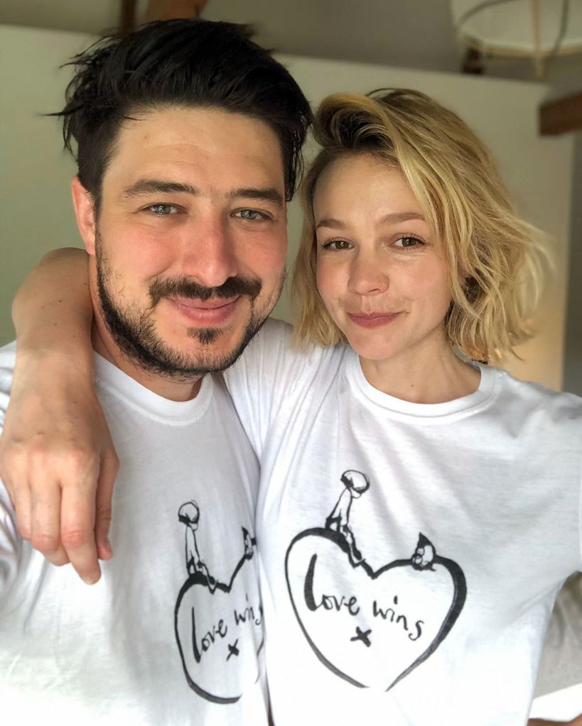 Marcus Mumford and Carey Mulligan, wearing a limited-edition t-shirt created in collaboration with Charlie Mackesy featuring his beloved characters, the Boy and the Mole alongside the poignant slogan, Love Wins, on April 20, 2020 in London, England. The t-shirt goes on sale for Â£15 and is available online at comicrelief.com/love-wins, with every pound going to charities on the front line of the coronavirus fight