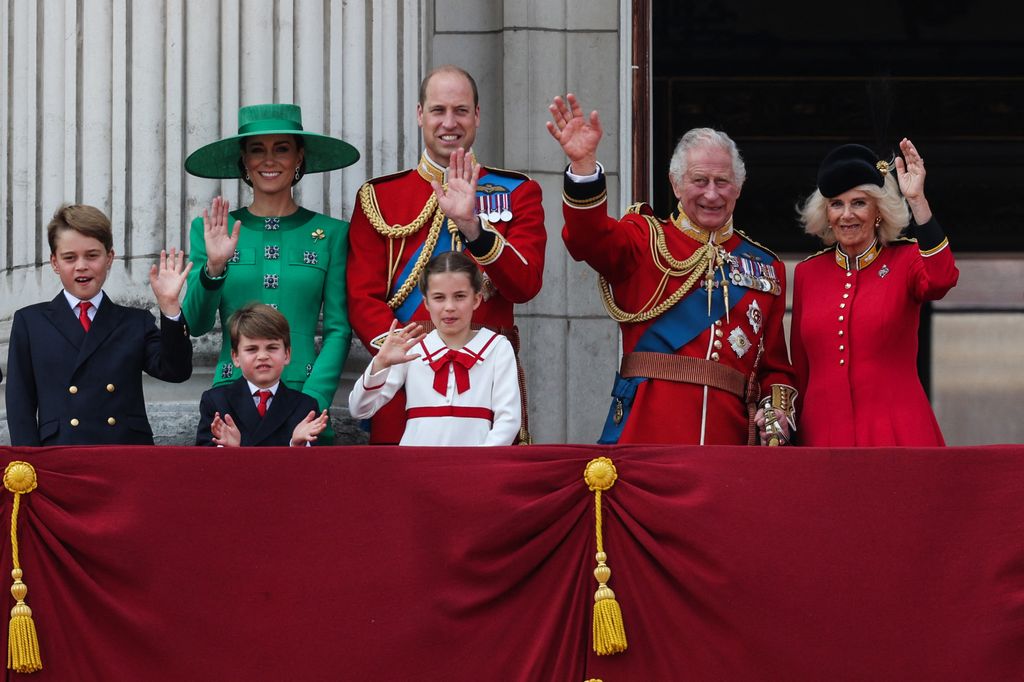 King Charles and Queen Camilla with Prince William, Kate and their three children in their first Trooping the Colour since the coronation