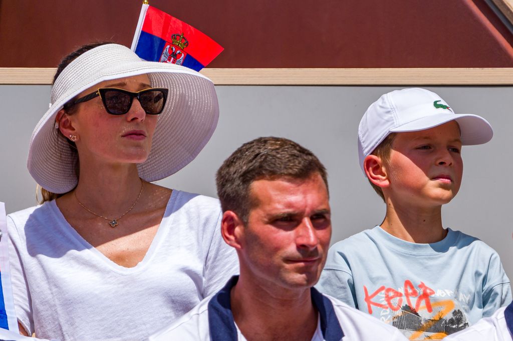 Novak Djokovic's wife, Jelena Djokovic (L) and son Stefan Djokovic on day three of the Olympic Games Paris 2024 at Roland Garros