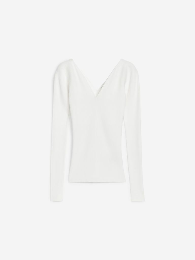 Top tulang rusuk V-neck putih