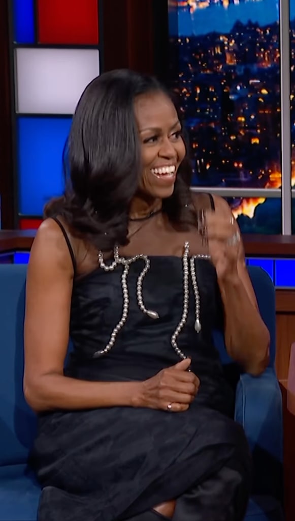 Michelle Obama in black dress on The Late Show With Stephen Colbert.