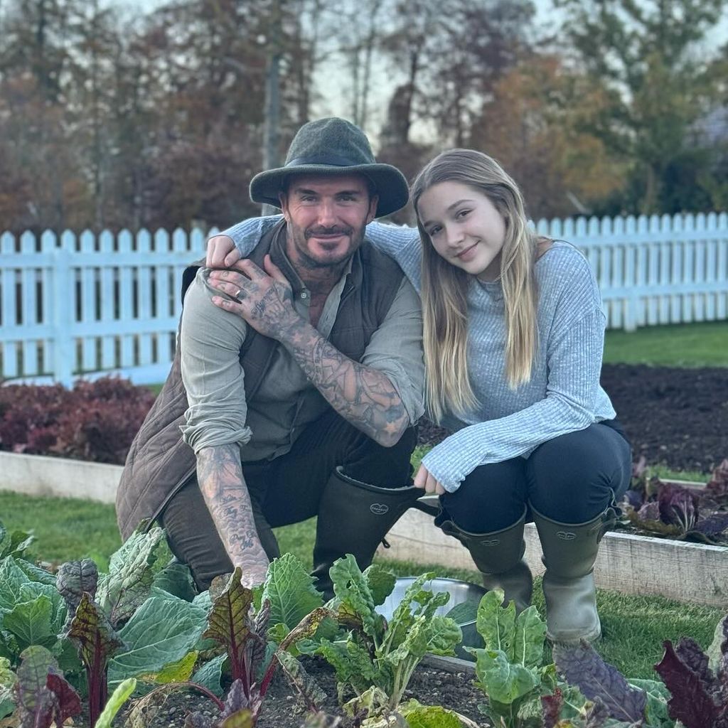 David Beckham and harper standing by a vegetable patch