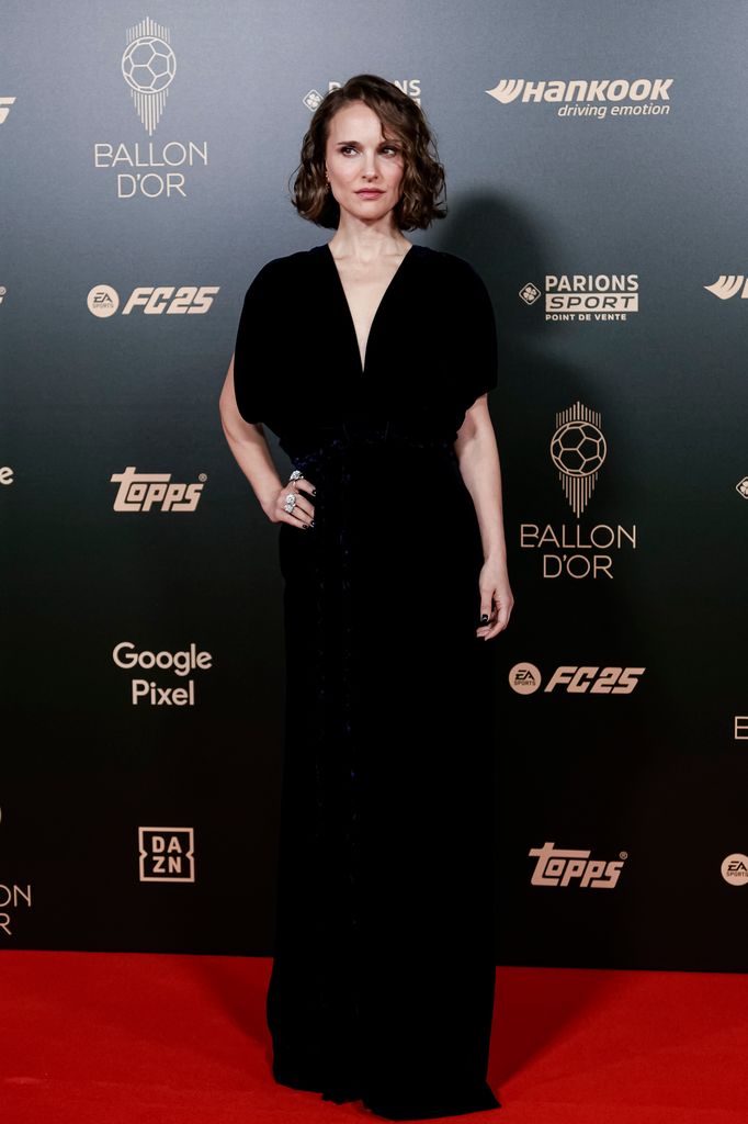 Actress Natalie Portman poses for photos at the Red Carpet prior 68th Ballon D'Or Ceremony at Theatre Du Chatelet on October 28, 2024 in Paris, France