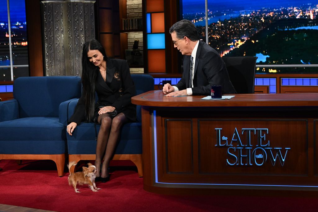 demi moore with dog pilaf on the late show with stephen colbert