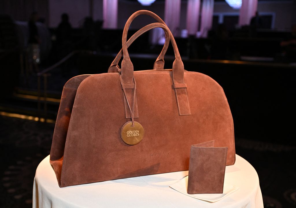 A gift bag is displayed at the Golden Globe Awards Nominations Media Preview and Plate Up, on December 09, 2024 at the Beverly Hilton Hotel in Beverly Hills, California