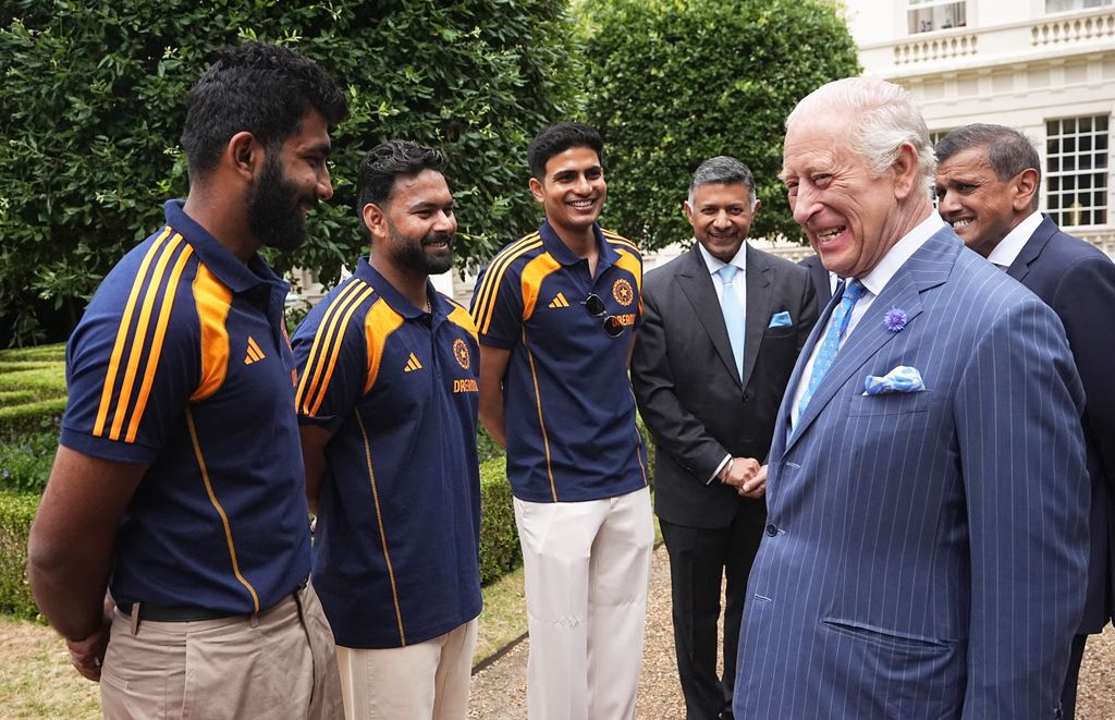 Britain's King Charles III meets members of the India men's Test cricket team (L-R) Jasprit Bumrah, Rishabh Pant and Captain Shubman Gill during an audience in the gardens of Clarence House, London on July 15, 2025