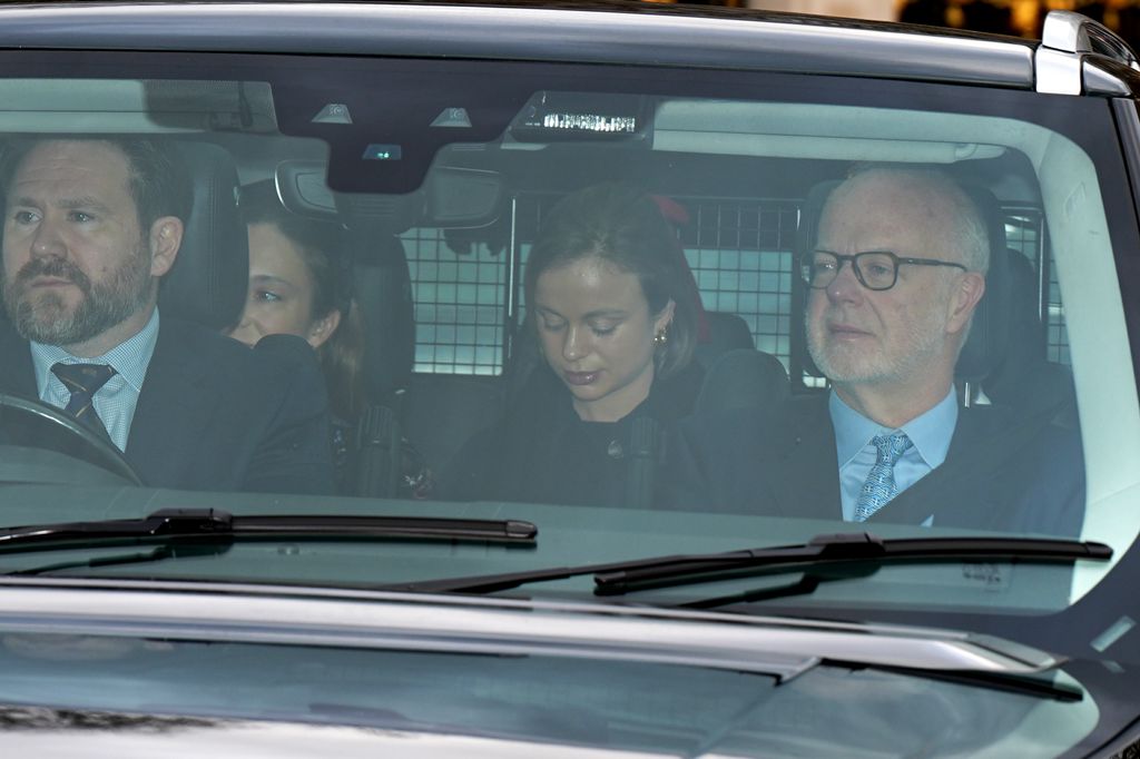 Lady Marina Windsor (back left, hidden) Lady Amelia Windsor (back right) and the Earl of St Andrews (front right) arrive for King Charles III's Christmas lunch at Buckingham Palace, London.